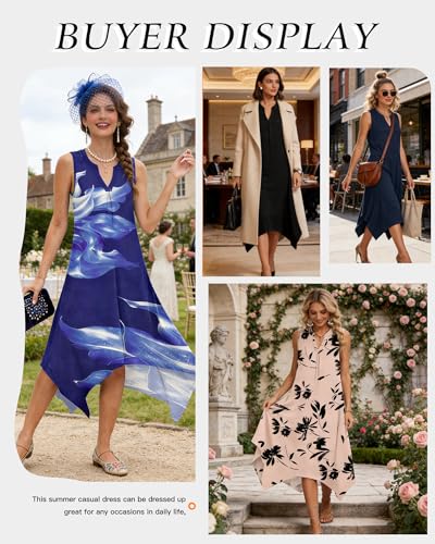 Image of AUSELILY Womens Summer Midi Dress V Neck Sleeveless Casual with Pockets | Flowy womens summer dress with asymmetrical hem, great for beach, vacation and daily wear