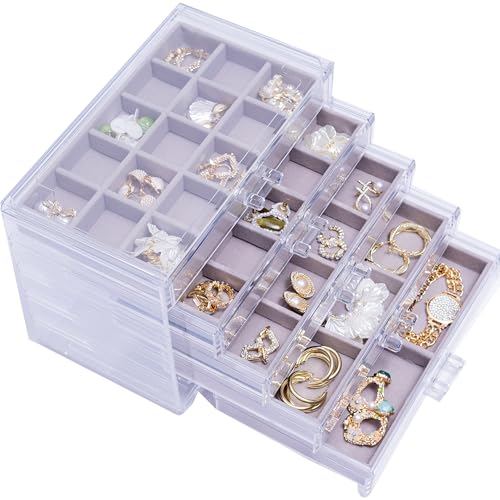 AXsinr Jewelry Organizer With 5 Drawers, Jewelry Box Earring Holder Organizer for Earrings Ring Bracelet Necklace, Clear Acrylic Large Transparent Jewelry Storage With Velvet Trays For Women Grey