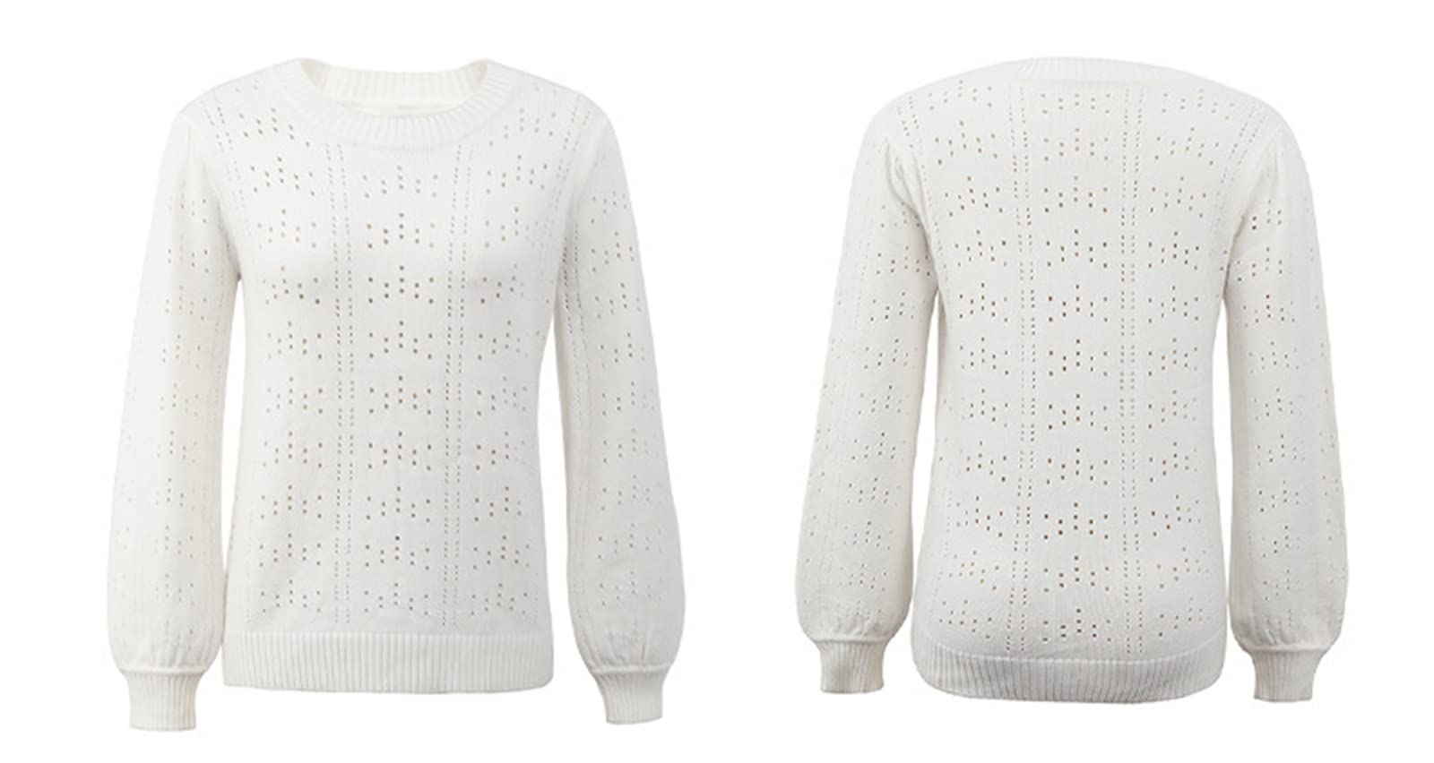 Damski sweter z okrągłym dekoltem sweter pusty dzianina codzienny długi rękaw miękki sweter z dzianiny płaszcz, biały, L