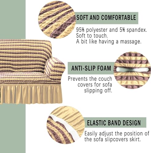 Image of Cortina Elastic Stretchable Universal Sofa Cover with Skirt, Three Seater, Cream /Brown