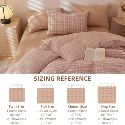Image of EAVD Pink Gingham Duvet Cover Full Soft Washed Cotton Reversible Grid Plaid Bedding Set with 2 Pillowcases Modern Checkered Grid Duvet Cover with Zipper Farmhouse Gingham Bedding Set for All-Season