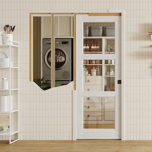 Image of Sliding Pocket Door with Lock, 24 inch x 80 inch, 3-Lite Clear Tempered Glass Pocket Doors with Frame and Hardware Kit Set, Interior Door Slab, White Primed - No Panel Assembly Required