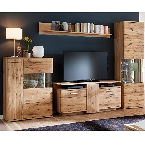 Lomadox Wohnwand in Asteiche Bianco massiv geölt, mit Highboard, Lowboard, Vitrine und Regal, 320cm Breite