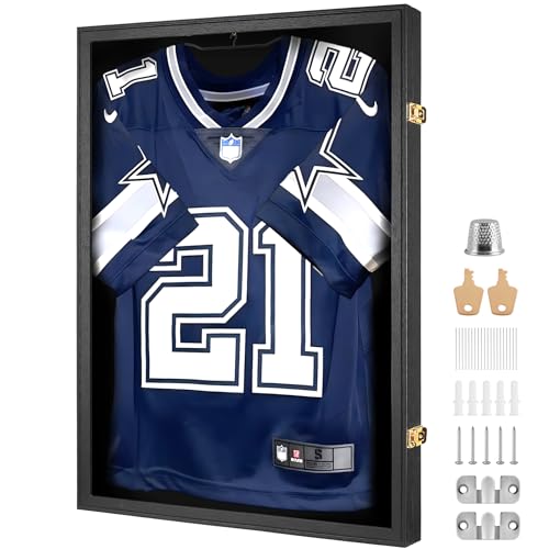 Yaetm Jersey Frame Display Case, Football Jersey Display Case for Wall, Lockable Shadow Box with 98% UV Protection Acrylic and Hanger for Hockey Soccer Basketball Baseball Shirts, Black