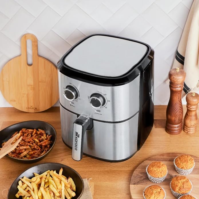 Karaca Multifry Inox 1700W Doppelfritteuse 5,5 Liter XL, Öl verspritzt, großen Behälter, Geruchsneutral ist, Luftzirkulationstechnologie, Temperatur und Zeit können, Antihaftbeschichtung – Bild 8