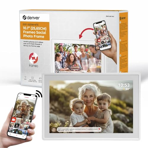 Cornice Digitale 10 Pollici WiFi – Schermo IPS HD 1280x800 – Portafoto Digitale Frameo Denver per Foto e Video – Cornice Elettronica Touchscreen Smart – 16GB Memoria – Slot microSD – Bianca