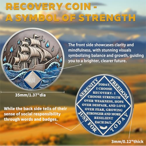 Image of NA Sobriety Coin - NA Medallions with Sailing Ship and Ocean Sobriety Chips NA Coins - Ideal Narcotics Anonymous Gifts for Men ＆ Women Celebrating Recovery and Living Clean (12 Year)