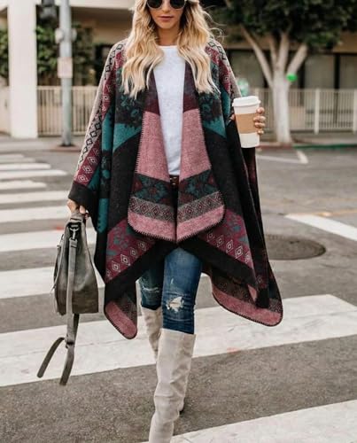 Image of Bestshe Women's Boho Open Front Poncho Plaid Shawl Wrap Cape | Tassel Cardigan Sweater, Cozy Layering, Fall Winter Clothes for Women
