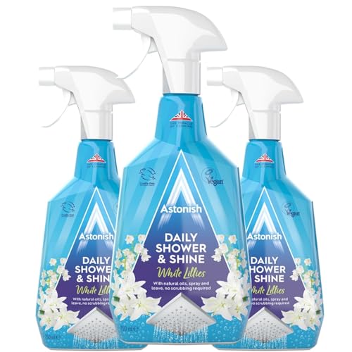 Astonish Daily Shower Shine White Lilies Cleaning Spray 3 Pack - No Scrub After Shower Spray Foam Prevents Watermarks & Buildup - Cruelty-Free Household Cleaning Products 750ml Spray Bottles