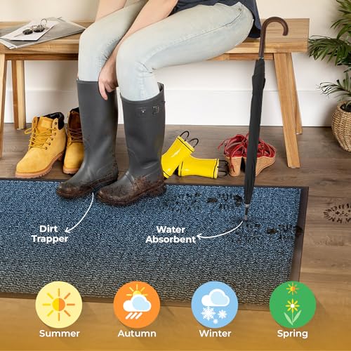 Image of BLADO Washable Door Mats - Non-Slip Heavy Duty Doormats - Stylish Large Rubber Mat - Perfect Dust Grabbing Indoor & Outdoor (Blue, 50cm x 80cm)