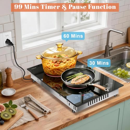 Image of 2 Burner Electric Cooktop Hobsir, 110v Plug In Electric Stove Top Burner, 2000W 12 Inch Two Burners Radiant Electrical Stove, Countertop and Built-in Ceramic Cooktop with Child Safety Lock, Black