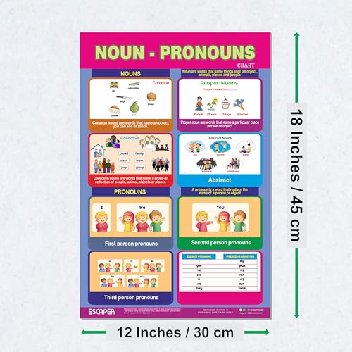 Image of ESCAPER Noun-Pronoun Educational Learning Charts, (11.5 x 17.5 inches), 300 GSM Paper, Laminated Self Adhesive Back, Kids Study Material, Perfect For Home Schooling, Nursery Students