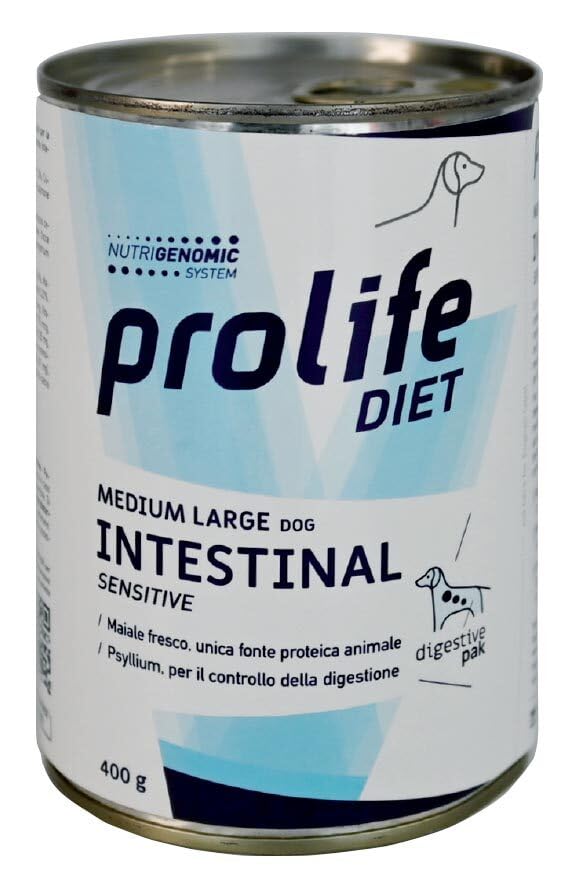 Prolife Intestinal Dog Alimento completo dietético para perros con trastornos intestinales, dieta veterinaria, sabor cerdo | 6 latas de 400 gramos cada una