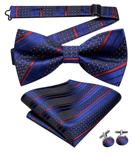Image of Hi-Tie Navy Blue Red Pre-Tied Bowties for Men Silk Clip On Strip Mens Bowtie Pocket Square Cufflinks Set for Wedding Party