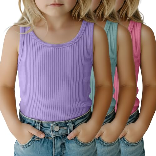 VhicPlevo 3 Pack Toddler Girls Tank Tops Baby Ribbed Sleeveless Undershirts Scoop Neck Summer T-Shirts Basic Camisole 18M-5T(18-24 Month Taro Purple Pea Green Peachy Pink)
