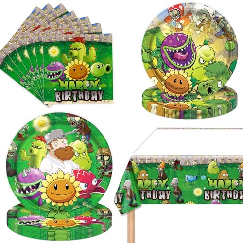 deenor 41Pack Plants Zombies Birthday Party Supplies include 20 plates 20 napkins and Tablecloth for Zombies Party Decoration