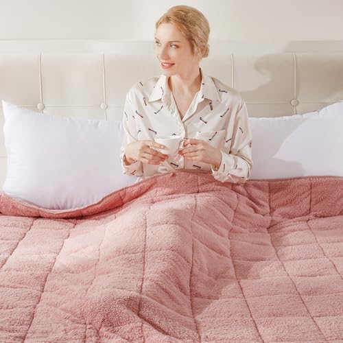 Teddy Fleece Weighted Blanket for Adults Fluffy Quilted Pockets Throw Soft Sherpa Throw Heavy Blanket Winter Sleep Therapy Autism Insomnia Sensory Anxiety Stress Relief Blush Pink, 125 x 180cm - 6kg