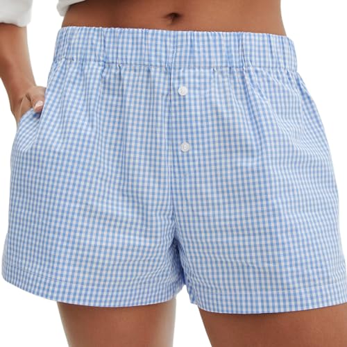 Image of Yuemengxuan Y2k Plaid Shorts Baggy Boxer Shorts for Women Elastic Waist Casual Lounge Bottom Gingham Pajama Shorts Sleepwear