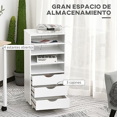 Vinsetto Cajonera de Oficina con 3 Cajones y 4 Estantes Abiertos Cajonera Escritorio con Ruedas para Oficina Estudio 38x40x86,8 cm Blanco - imagen 4
