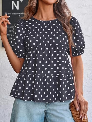 Image of Tankaneo Womens Puff Sleeve Peplum Babydoll Tops Summer Flowy Pleated Cotton T-Shirts Casual Loose Fit Cute Blouse
