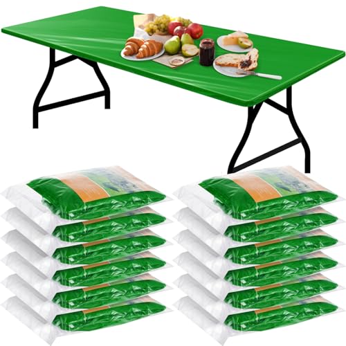 Image of Boao 12 Plastic Elastic Fitted Tablecloths, 6 Ft, 72 x 30 Inch, Green
