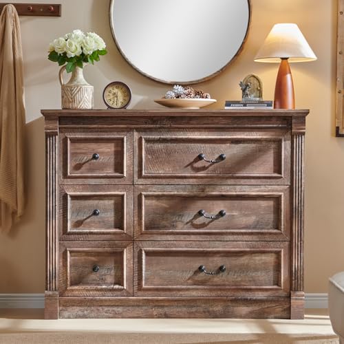 Image of Farmhouse 6 Drawers Dresser for Bedroom, 48 inch Wide Large Dressers & Chests of Drawers w /Roman Column, Storage Dressers Organizer for Bedroom, Hallway, Living Room, Light Brown