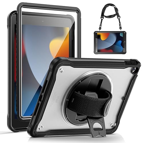 Gerutek Cover per iPad 9/8/7 Generazione 10.2'', Custodia Protettiva Antiurto con Supporto Rotante 360 e Cinghia a Mano/Spalla per iPad 10.2 [Guscio Posteriore Trasparente], Nero Grigio/Trasparente