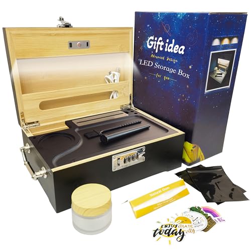 Giftidea Large Bamboo Wooden Box with LED Lights -Odor Proof Storage Box with Combination Lock - Decorative Box with Tray - Lockable LED Storage Box Set as Great Father`s Day Gift Choice
