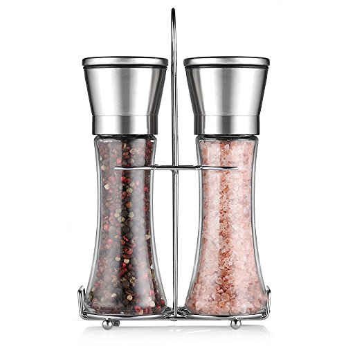 Cmxing Pfeffermühle Set mit Ständer Manuelle Gewürzmühle mit Mahlwerk aus Keramik Glas Salzmühle (Lange Art)