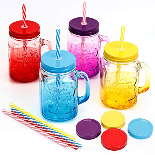 Mason jar with handle, set of 4 color mason drinking mug with lid…