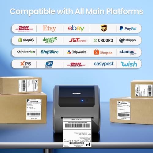 Image of Bluetooth Shipping Label Printer with 1 Roll Labels - D520BT Thermal Label Printer, Thermal Printers with Built-in Label Holder, Come with 500PCS 4x6 White Labels (500 Labels /Roll)
