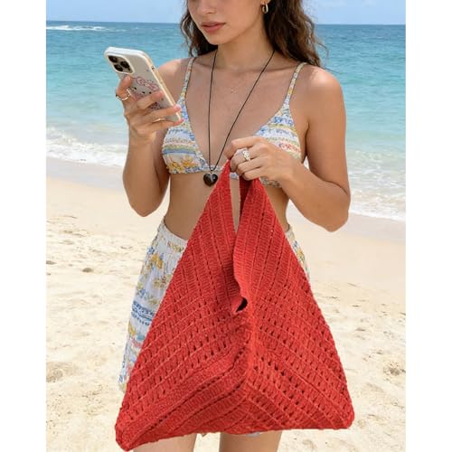 Image of Crochet Beach Tote Bag Summer Vacation Handbags Beach Bag for Women Cute Woven Shoulder Purses Mesh Knit Crochet Bag