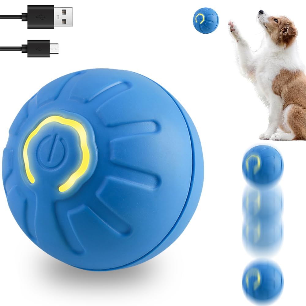 Interactive Pet Toy Automatic Rolling Ball - Rechargeable With LED Light, Durable High Bounce Floating Rubber for Dogs, Kittens, Puppies (Blue)