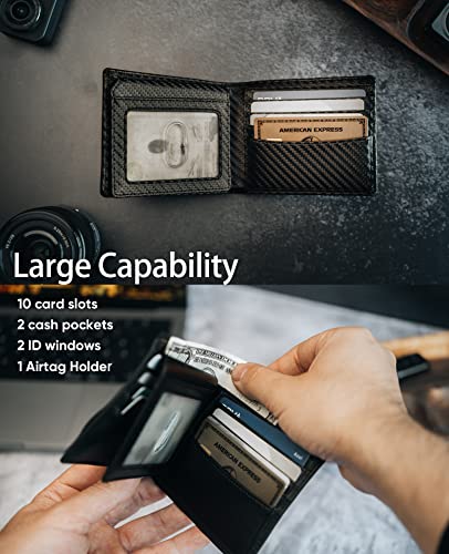 Image of Serovi AirTag Wallet for Men Genuine Leather Bifold Wallet with AirTag Holder RFID Blocking Wallet With 2 ID Window and 12 Cards Holders Gift Box (Airtag Not included)