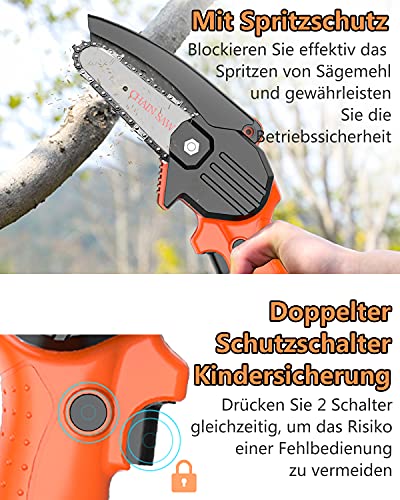 Mini Kettensäge Elektro, MHDYT 4 Zoll Akku Kettensäge mit Sicherheitsschloss, Kabellose Einhand Motorsäge mit 2 21V… – Bild 6