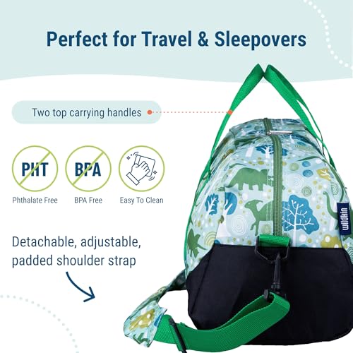 Image of Wildkin Kids Overnighter Duffel Bag - Carry-On Travel Bag for School & Sleepovers, Lightweight, Durable, Boys & Girls Ages 4-15 - Dinomite Dinosaurs