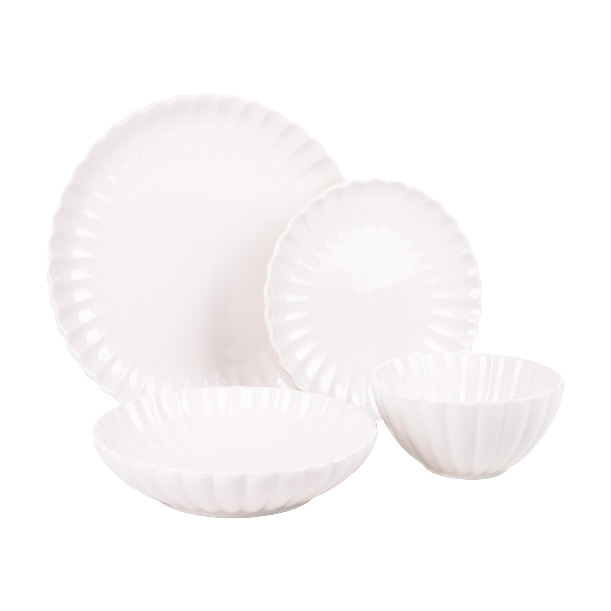 Cofan Vajilla de porcelana esmaltada | Juego de 16 piezas | Diseño en relieve | Color: blanco | Apta para lavavajillas, microondas y horno