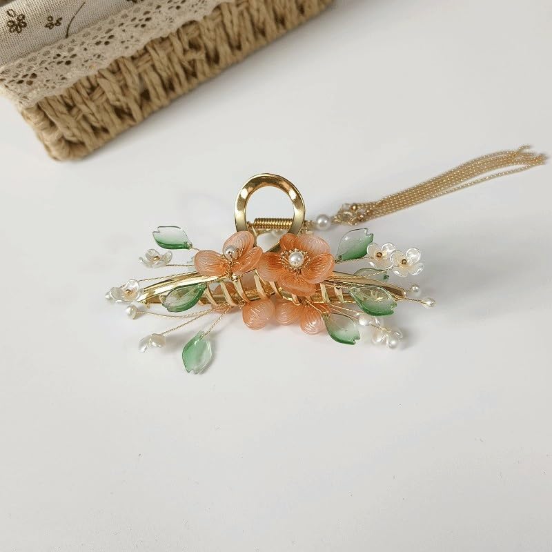 Ancient Flower Tassel Hairpin Hair Claw Clip Metal Winding Pearl Retro Accessory