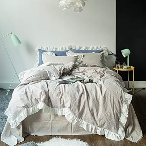 SUSYBAO Vintage Ruffle Duvet Cover King 100% Washed Cotton Farmhouse Duvet Cover Set 3 Piece 1 Beige Striped Duvet Cover with Zipper Ties 2 Pillowcases Soft Romantic White Lace Bedding Set Breathable Cover