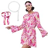 BSSN 70s 60s Disco Outfit for Women, 70's Hippie Style Dress with Belt, Headband, Casual Party Cosplay Costume Accessories