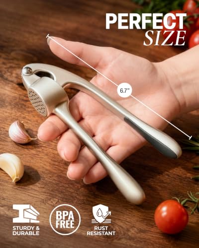 Image of Zulay Kitchen Premium Garlic Press Set - Rust Proof Professional Garlic Mincer Tool - Easy-Squeeze, Easy-Clean with Soft, Ergonomic Handle - Silicone Garlic Peeler & Brush (Silver)