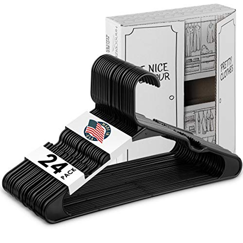 Hangorize Plastic Hangers - 24-Pack Black Standard-Size Clothes Hangers with Notches - Closet Organization Essentials for Home, Apartment, Dorm