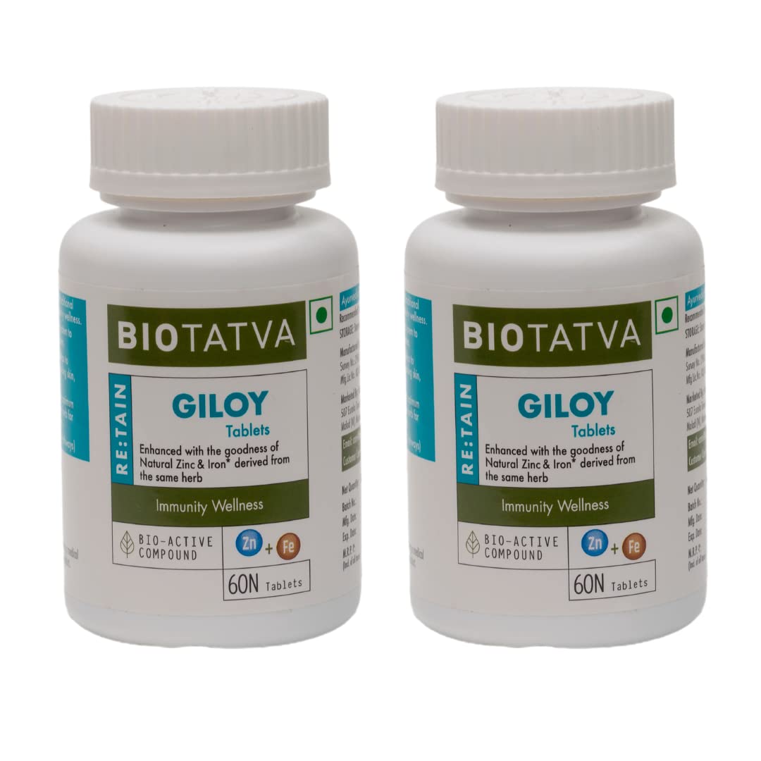 BIOTATVA Giloy- (Buy 1 Get 1) An Ayurvedic Proprietary Medicine for Overall Immunity Wellness and improves Body’s Defense Systemwith optimum level of Natural zinc and Iron -60 tablets. (Pack of 2)