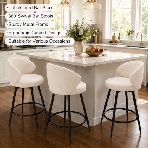 Image of 360 Swivel Modern Bar Stool Set of 3, 26 inch Upholstered Counter Height Bar Stools with Wingback, Soft Linen Fabric, Counter Chairs with Arm for Kitchen Island or Home Bar, Ivory