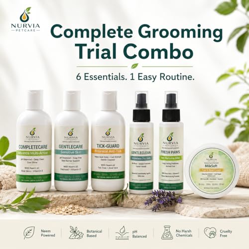 Image of Complete Dog Grooming Bundle by Nurvia Petcare | All 6: Anti-Tick + 5-in-1 + Puppy Shampoo + Dry Bath + Perfume Mist + Paw Balm | Neem Tea Tree Oatmeal Goat Milk | Sulphate-Free | Full Kit