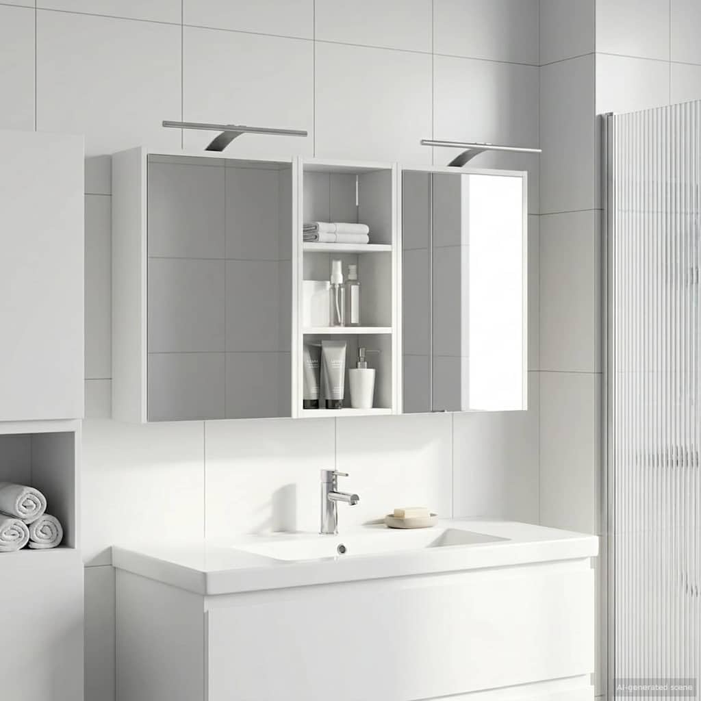Zestaw szafek łazienkowych z materiału drewnopochodnego z 3 elementami 116 x 16 x 62,5 cm, montowana na ścianie z oświetleniem LED i dwukierunkowym lustrem, miejsce do przechowywania