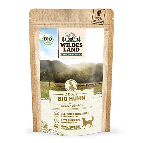 Wildes Land - Nassfutter für Hunde - Bio Huhn - 10 x 125 g -Getreidefrei - Extra hoher Fleischanteil von 60% - 100% zertifizierte Bio-Zutaten - Beste Akzeptanz und Verträglichkeit