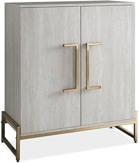 Pemberly Row Modern/Contemporary Faux Marble & Metal Base Wine Cabinet with 2 Doors, 4 Adjustable Shelves, Bottle Storage Rack, 2 Hanging Stemware Racks, in White & Gold Finish