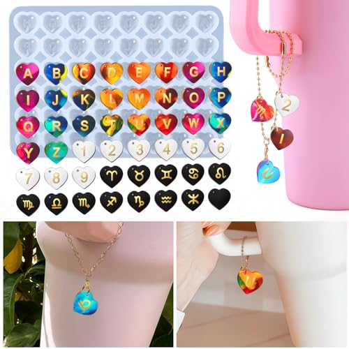 Juome Letter Resin Molds Silicone for Stanley Cup, 48 Pcs Heart Shape Letters Name Number Silicone Molds for Epoxy Resin Casting, DIY Personalized Custom Letter Charm Making for Stanley