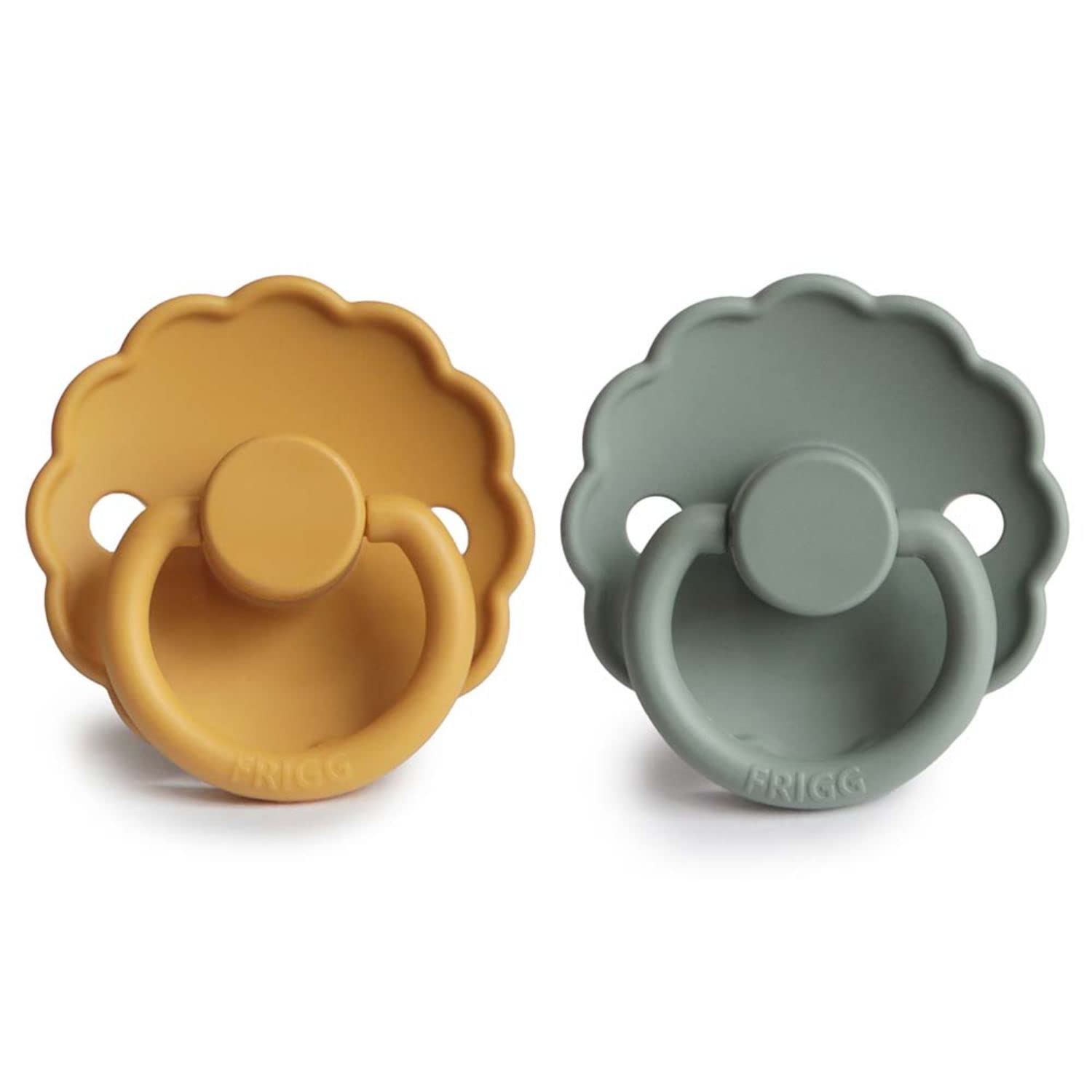 FRIGG Daisy Chupete 2-Pack | Chupete de silicona | Sin BPA | Fabricado en Dinamarca | Tetina simétrica tipo cereza | (Honey Gold/Lily Pad, Talla 1 (0-6 Meses)) - 2